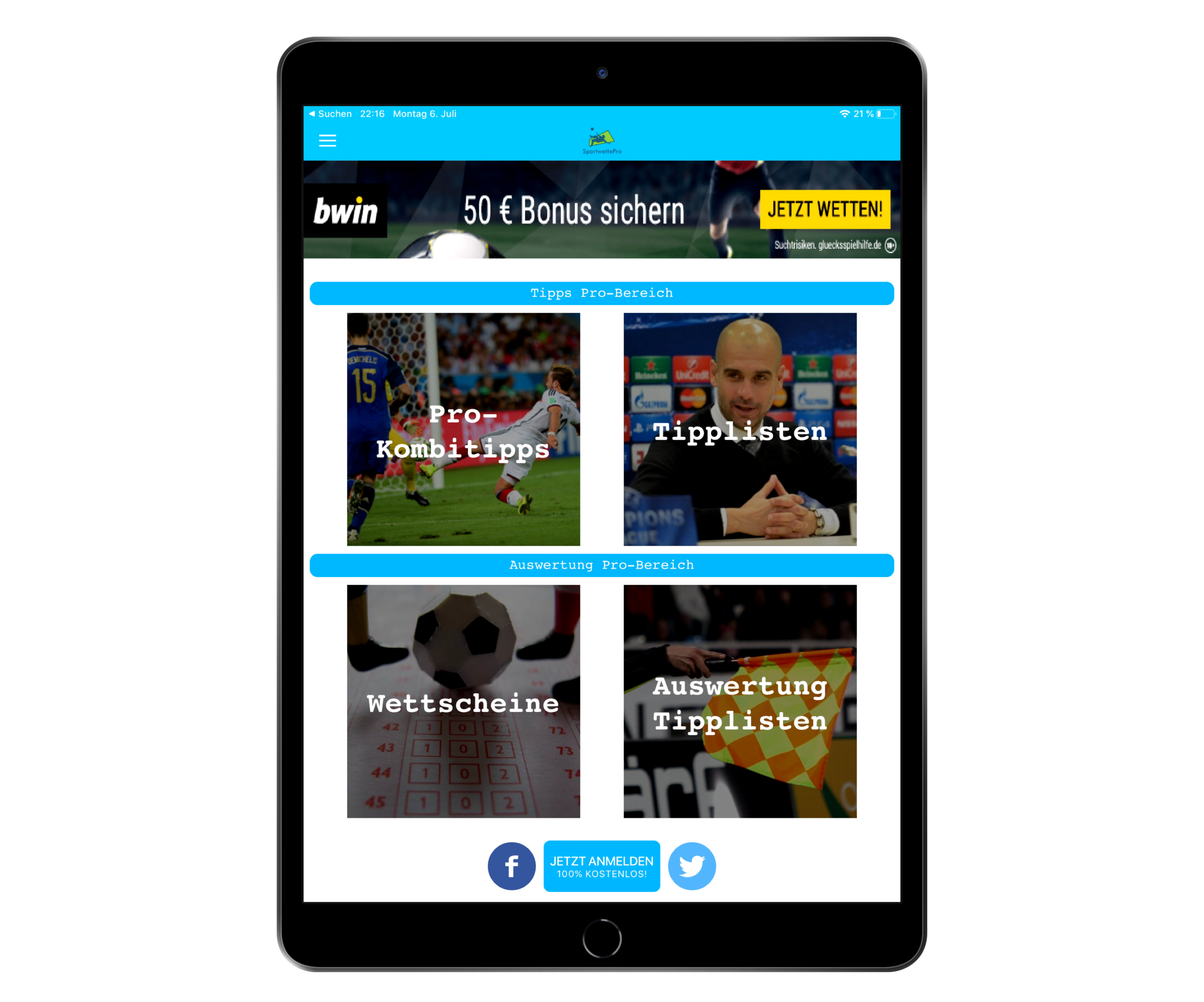 Screenshot iPad App Homescreen (Sportwetten Tipps)