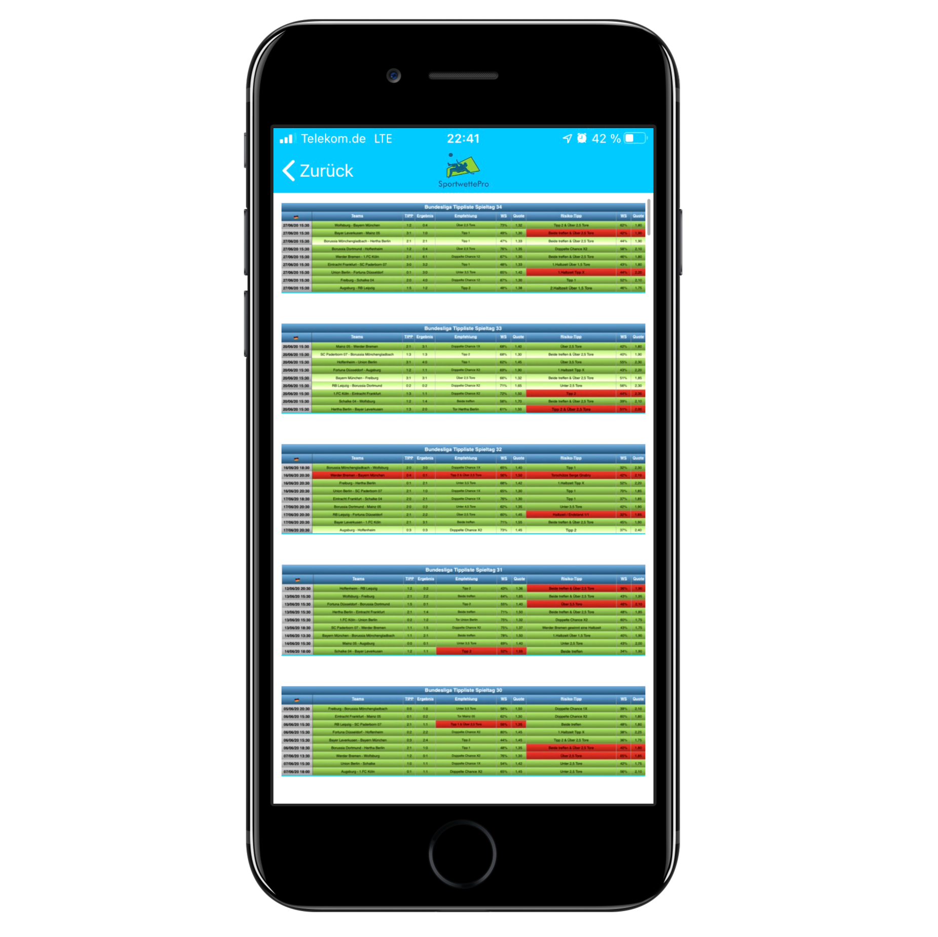 Screenshot iPhone App Auswertung Tipplisten (Sportwetten Tipps)